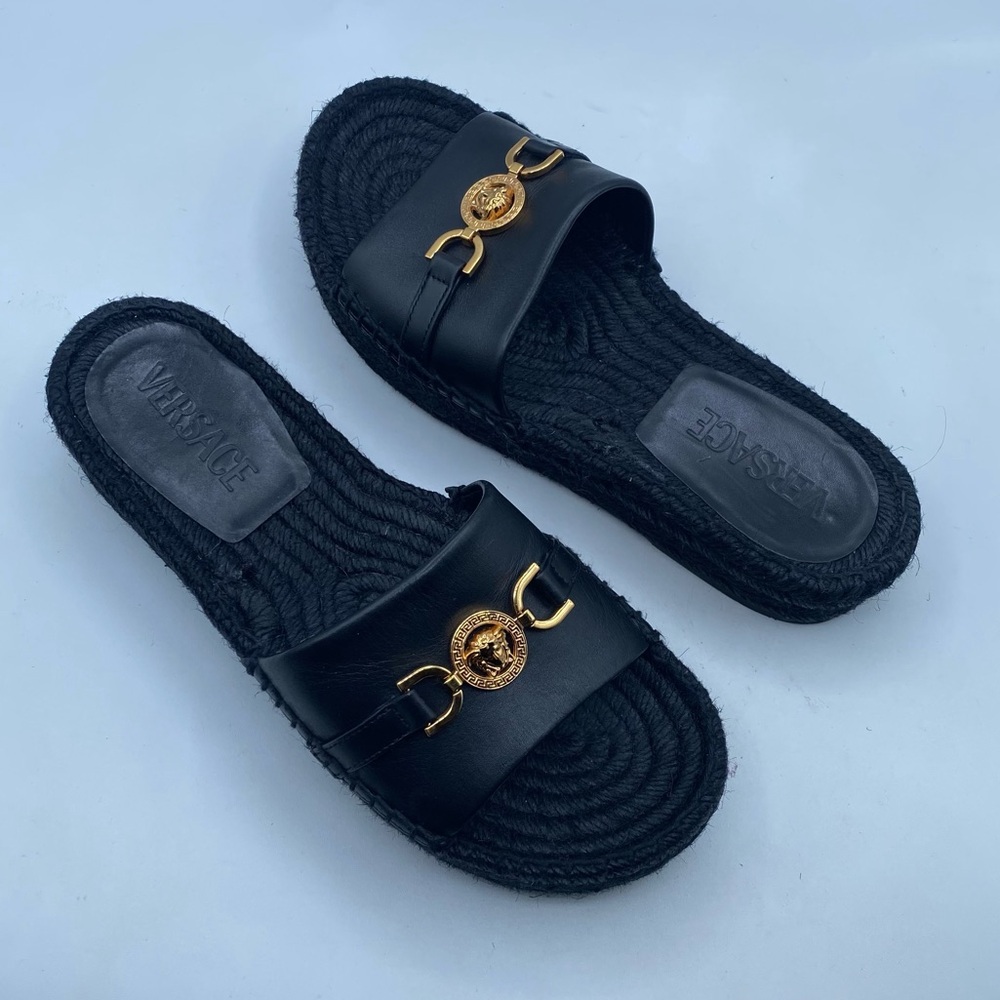 Versace Black Leather Slide Sandals with Gold Medusa Accent